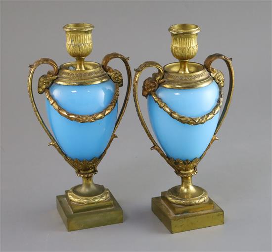 A pair of 19th century French ormolu and opaque blue glass cassolets, height 8.5in.